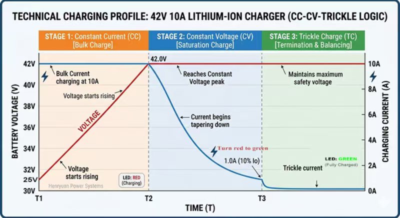 The technical three-stage charging profile (CC-CV-Trickle) of Henryuan chargers, featuring a precise charging to facilitate optimal BMS cell balancing.