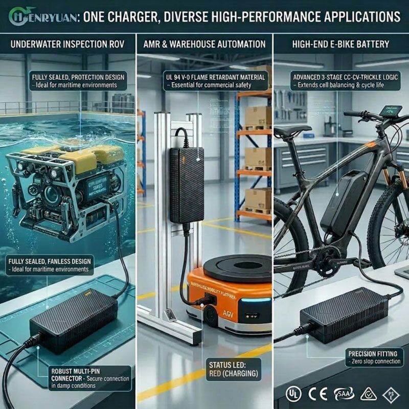 Henryuan professional charger features V0 flame retardant housing and fully sealed fanless design, powering diverse high-performance robotic and E-bike battery systems