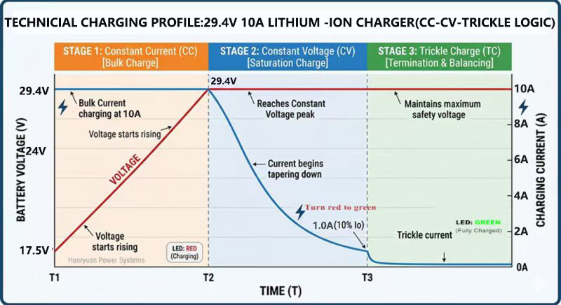 intelligent 3 stage CC-CV charging 29.4V 10A for 24V lithium battery