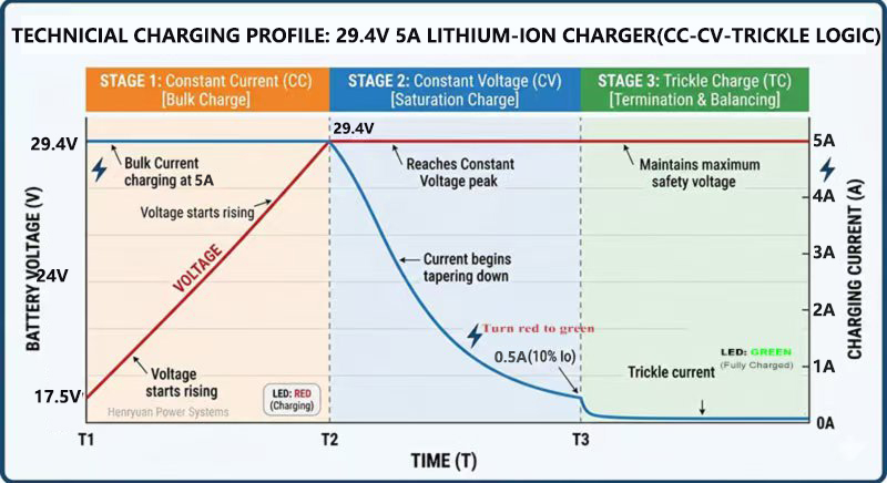 Henryuan Reliable 29.4V 5A Lithium Ion Battery Charger For 7S 24V Li-ion Battery Pack