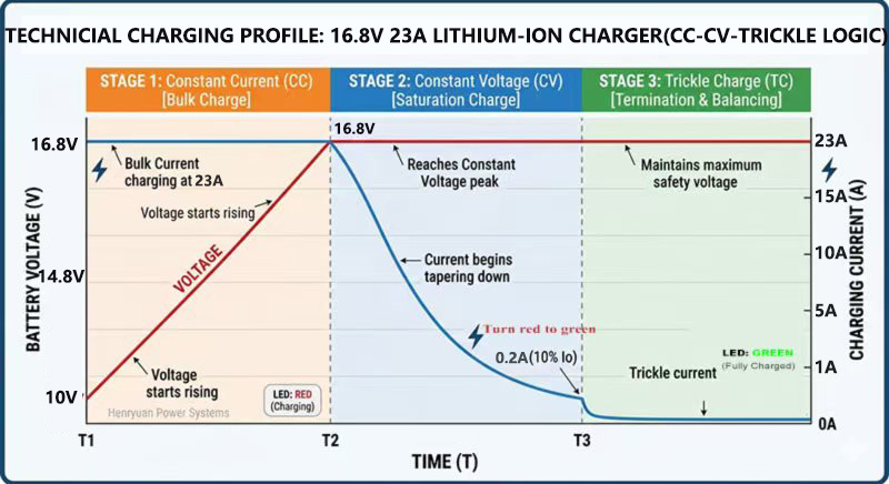 custom 16.8V 23A li-ion battery charger with reliable charging curve