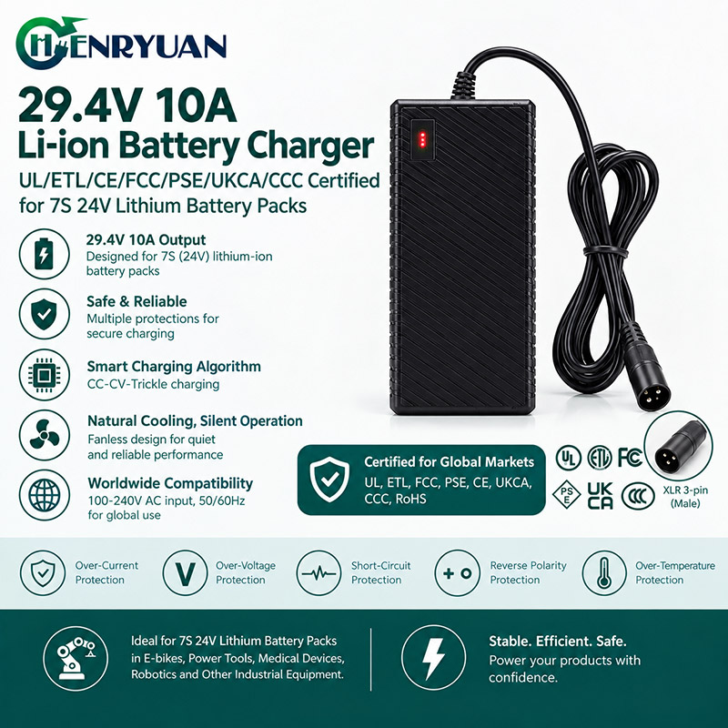 Henryuan-29.4V-10A-7S-24V-lithium-battery-charger-CE-PSE-UKCA-SAA-UL-listed